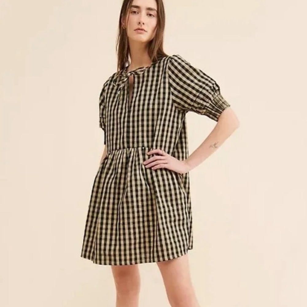 Free People Black and Cream Checkered Mini Dress